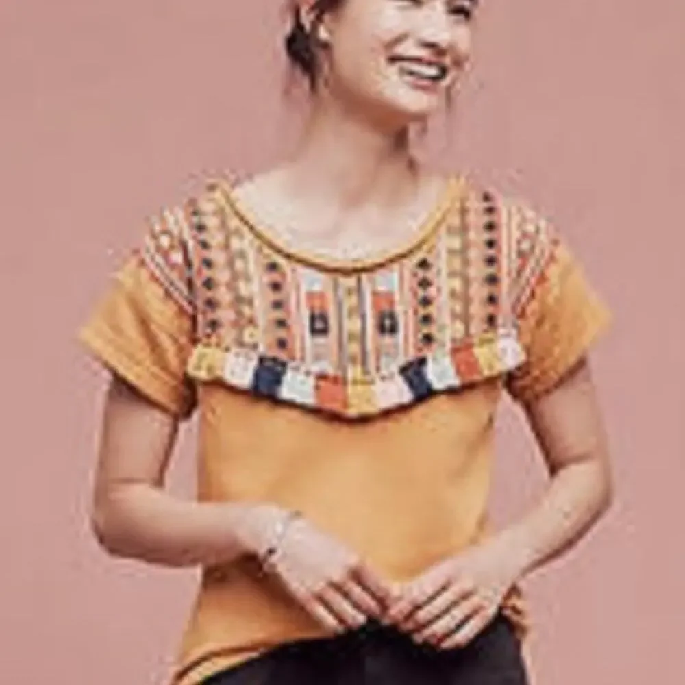 Anthropologie Chloe Oliver Valencia Top Embroidered Fringe Yellow Size Medium - Picture 1 of 9